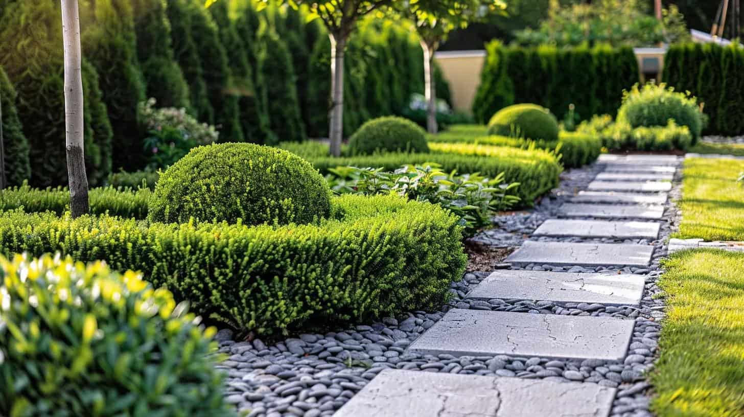 Interlocking paver pathway and manicured landscaping in a Toronto garden.